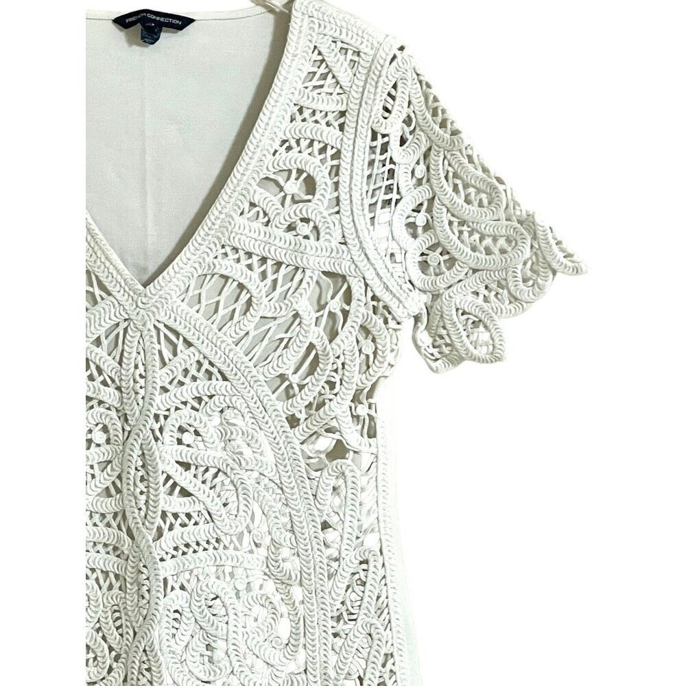 French Connection White Crochet Embroidery Mini Short Dress V Neck Sz 10 L - Picture 8 of 16